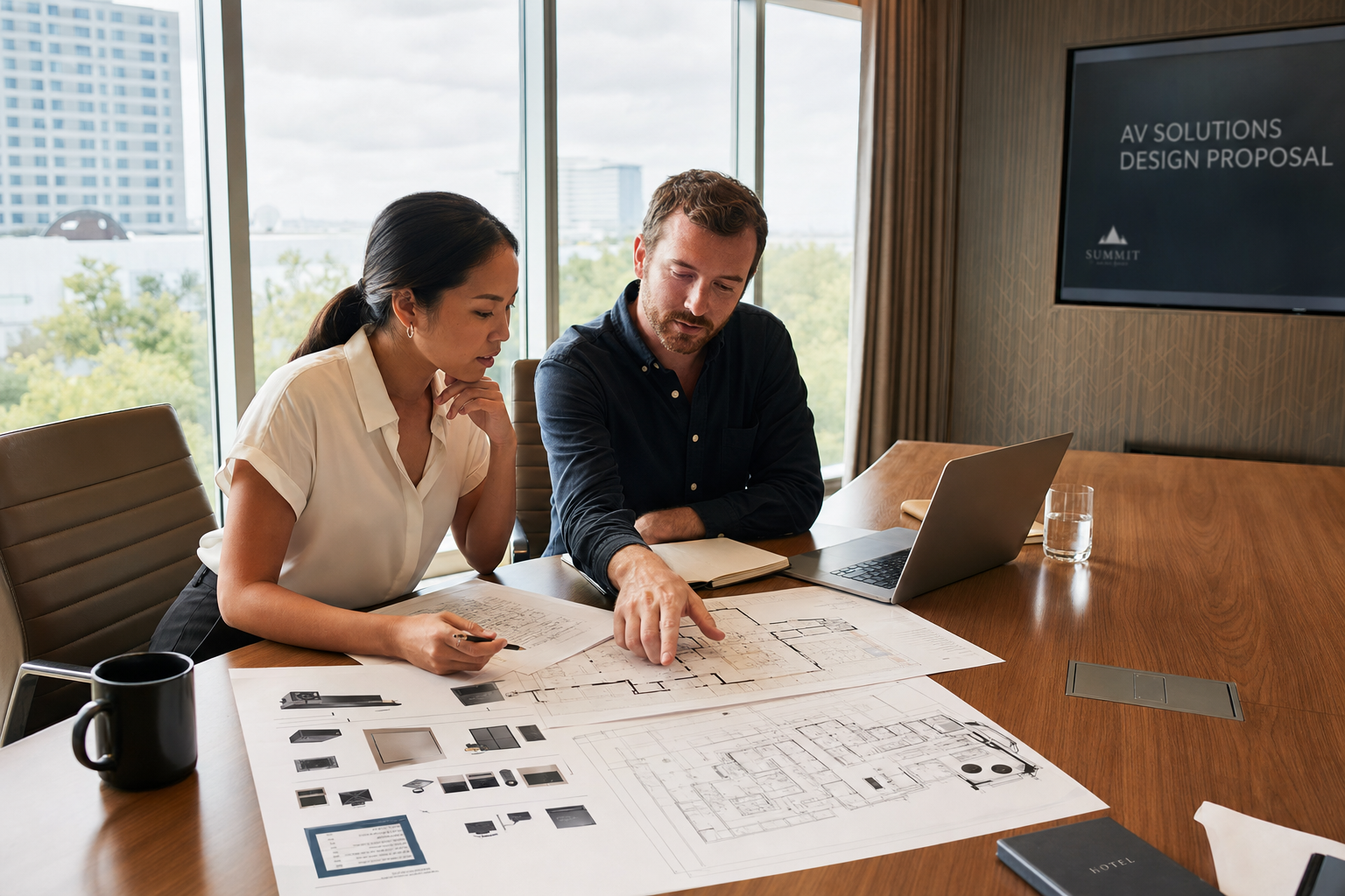 Consultants reviewing project plans together