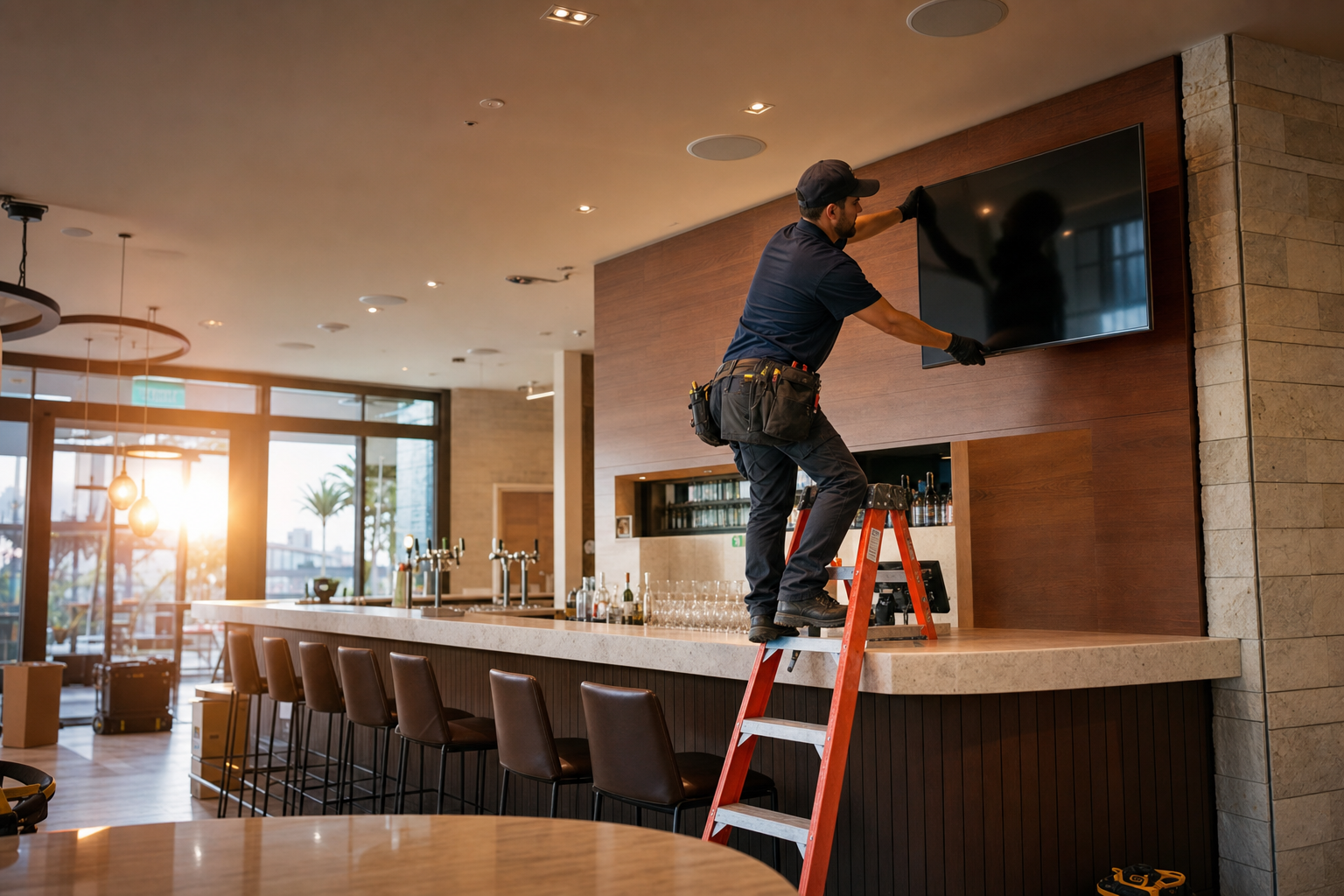 Technician installing AV equipment on site